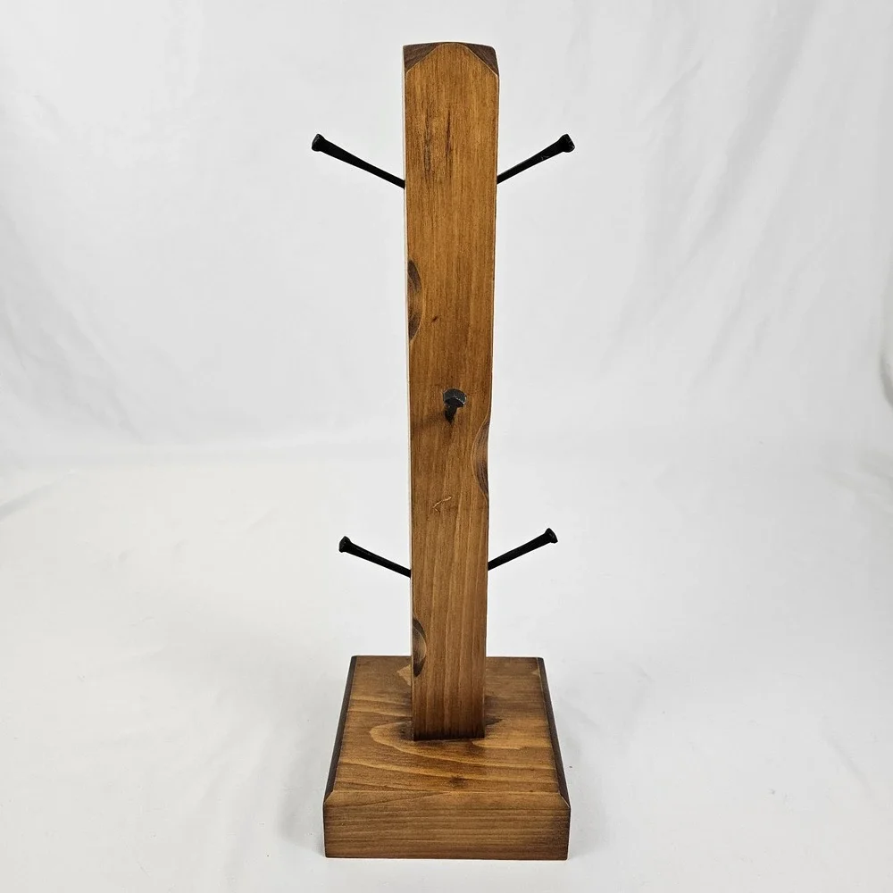 Vintage Rustic Wooden 6 Cup Coffee Mug Stand Tree Stand Farmhouse Basketville